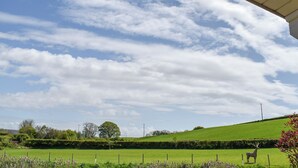 A rural landscape with a green field, a fence, and a statue of a deer.