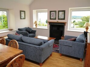 Televisie, een open haard en een dvd-speler