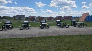 Un camping con mesas de picnic y parrillas.