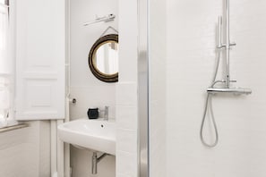 Shower, hair dryer, bidet, towels