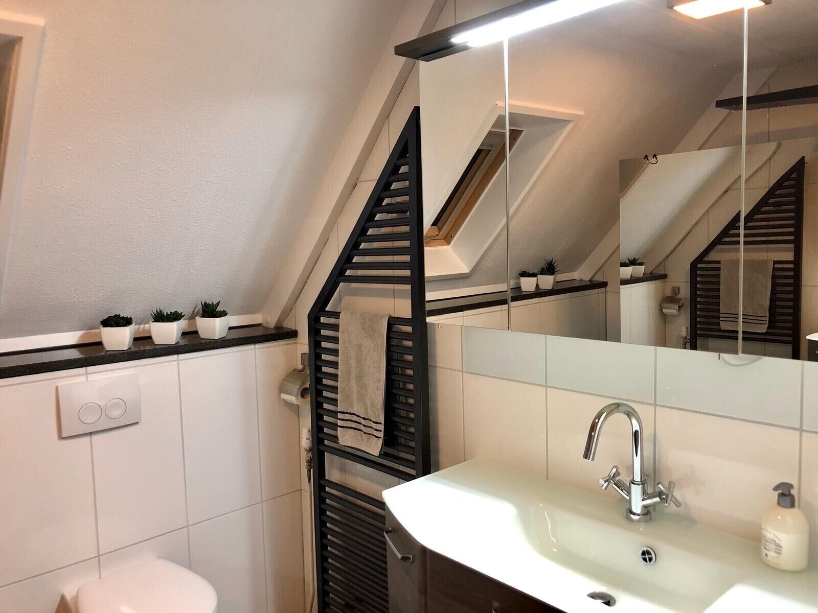 Un baño moderno con tragaluz, bañera independiente, espejo grande y un inodoro.