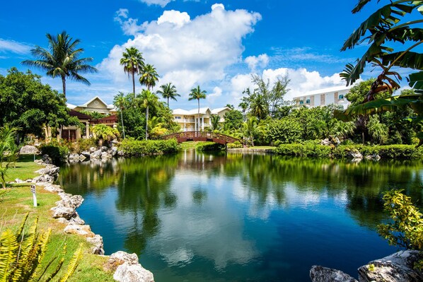 A resort with a pond, palm trees, and a bridge.