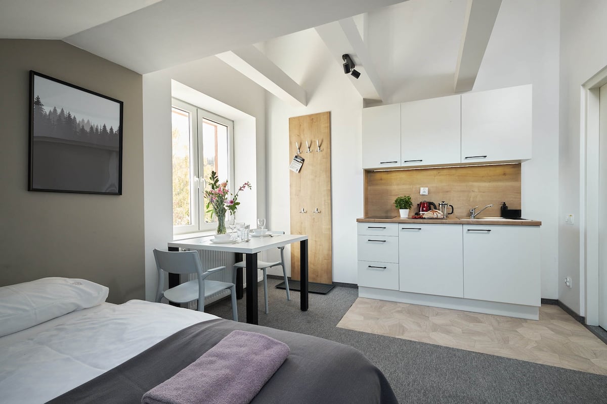 Un dormitorio moderno con cama, escritorio y kitchenette.