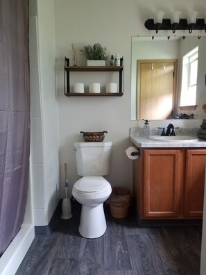Combined shower/bathtub, hair dryer, towels