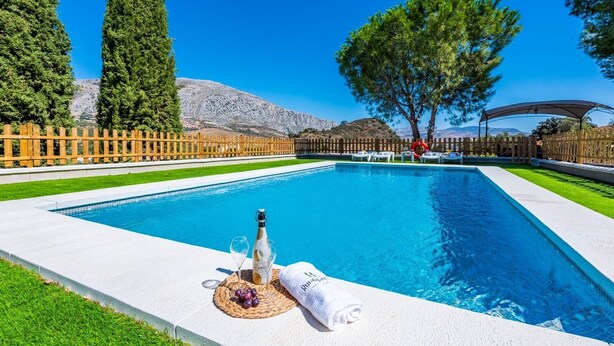 Ein rechteckiger Swimmingpool mit Holzzaun, einer Champagnerflasche und einem Handtuch am Rand.