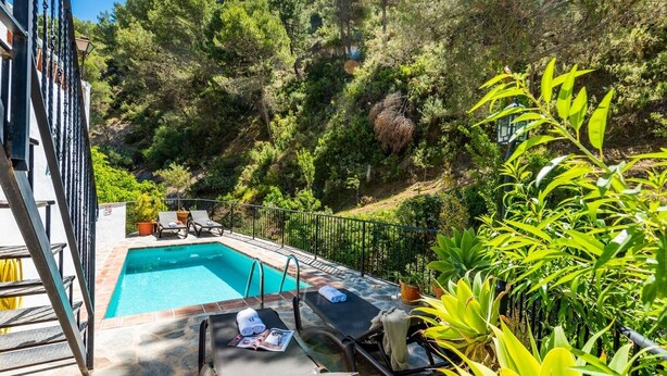A pool area with lounge chairs and a ladder, surrounded by greenery and trees. - Casa Almijara Cómpeta by Ruralidays (Málaga)