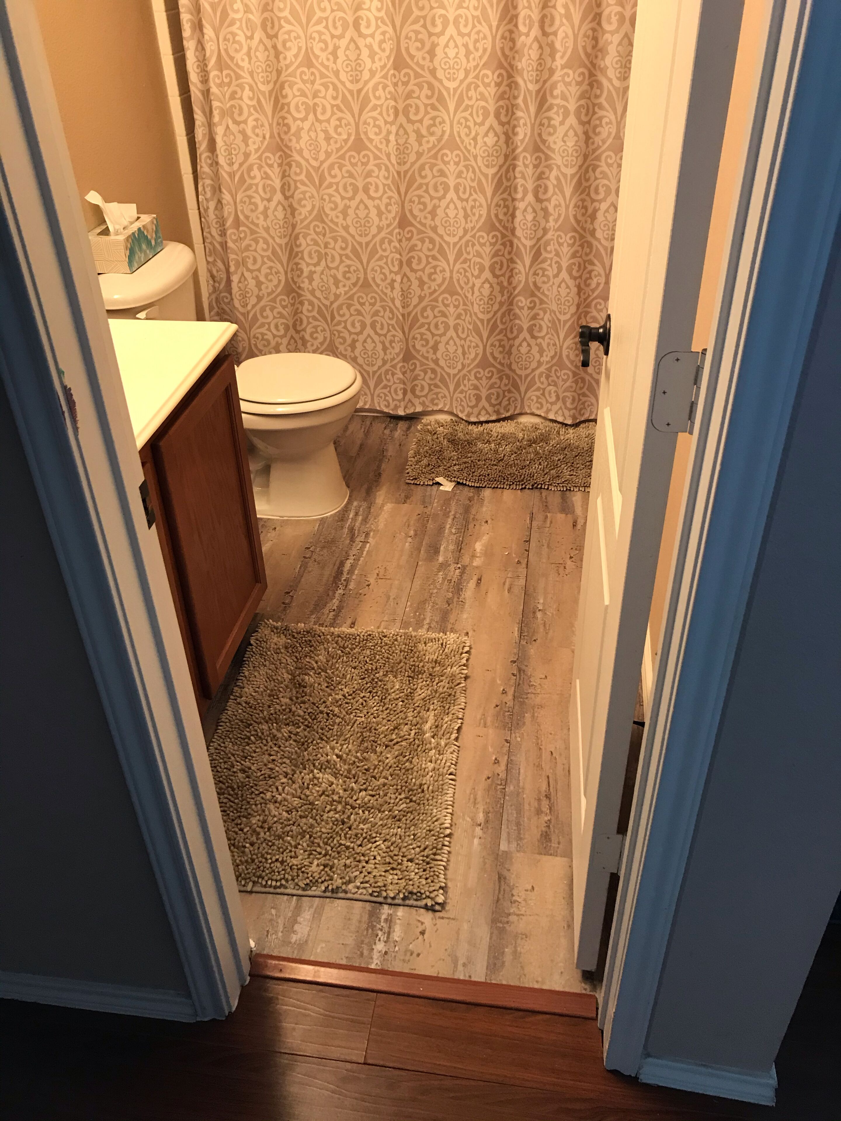 A bathroom with a toilet, a wooden floor, a patterned shower curtain, and a small rug.