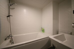 Combined shower/tub, free toiletries, hair dryer, heated floors