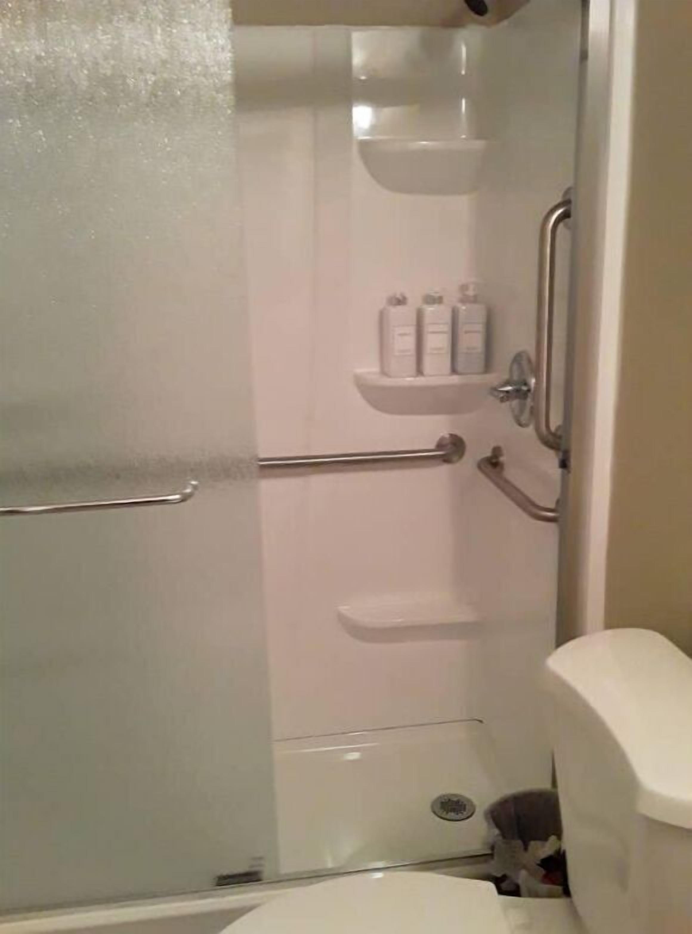 Un baño con cabina de ducha de vidrio, un inodoro y un estante con artículos de aseo.