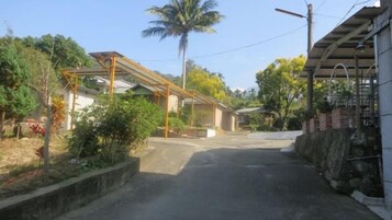 Una calle residencial con casas, un porche cubierto y una palmera.