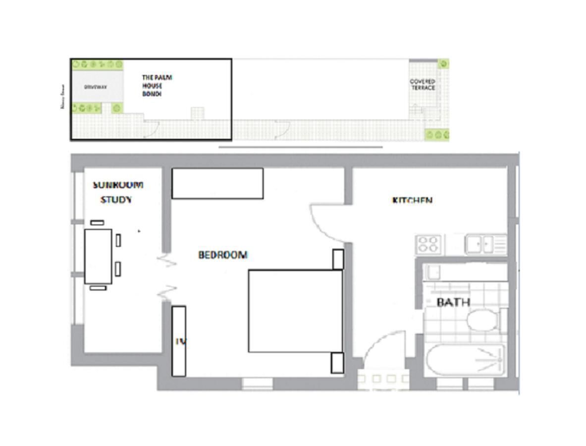 A floor plan with a study, bedroom, kitchen, and bathroom.