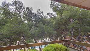 Un balcon avec vue sur les arbres et une piscine.