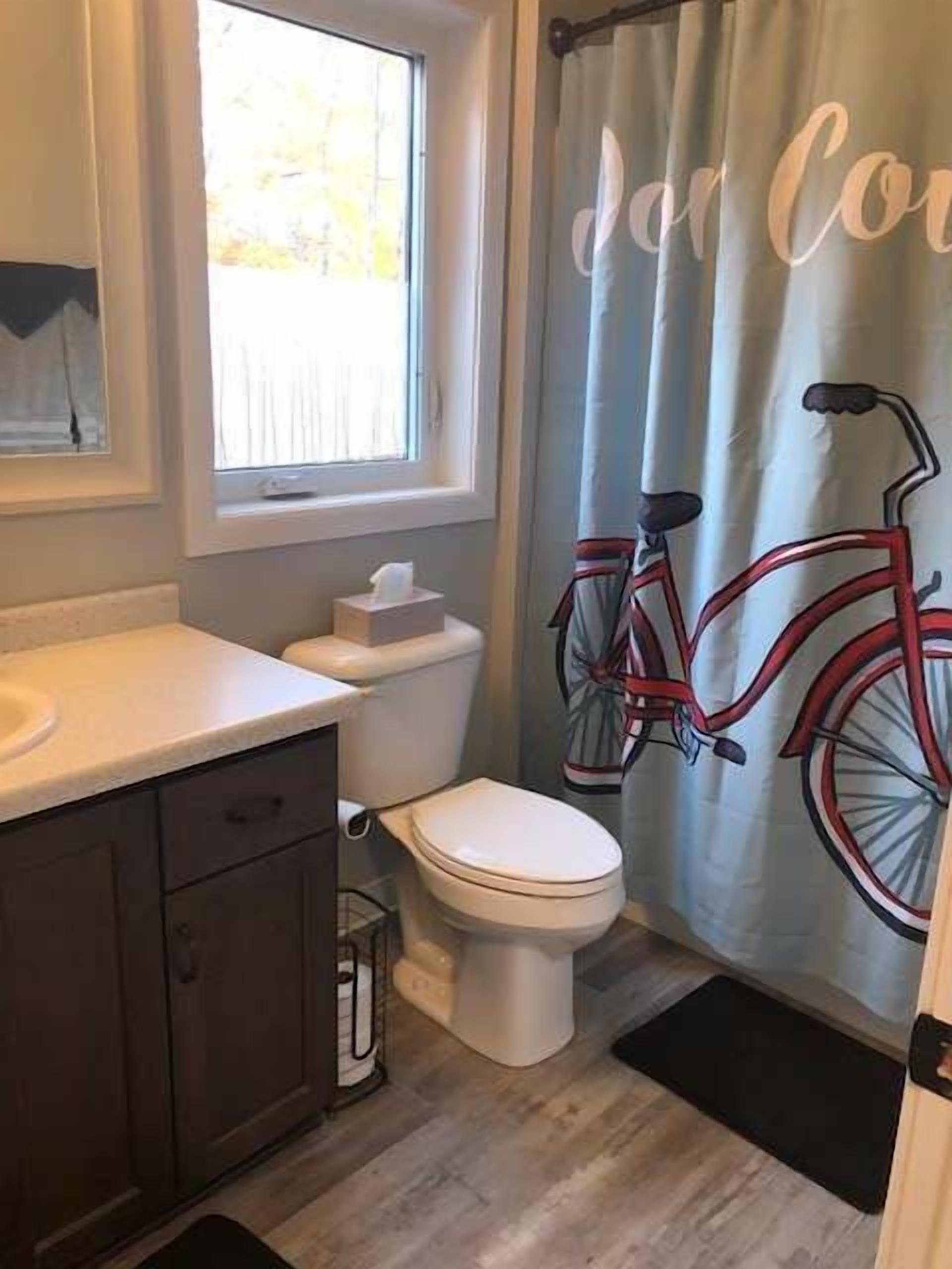 A bathroom with a toilet, a sink, a window, and a shower curtain with a bicycle design.
