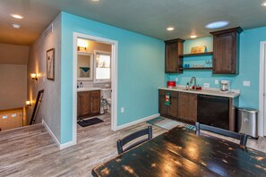 Microwave, coffee/tea maker, toaster, cookware/dishes/utensils