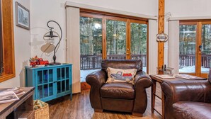 A cozy living room with a leather sofa, a blue cabinet, and a view of a wooden deck. - Dog-Friendly, Secluded Cabin in the Woods (Egg Harbor)
