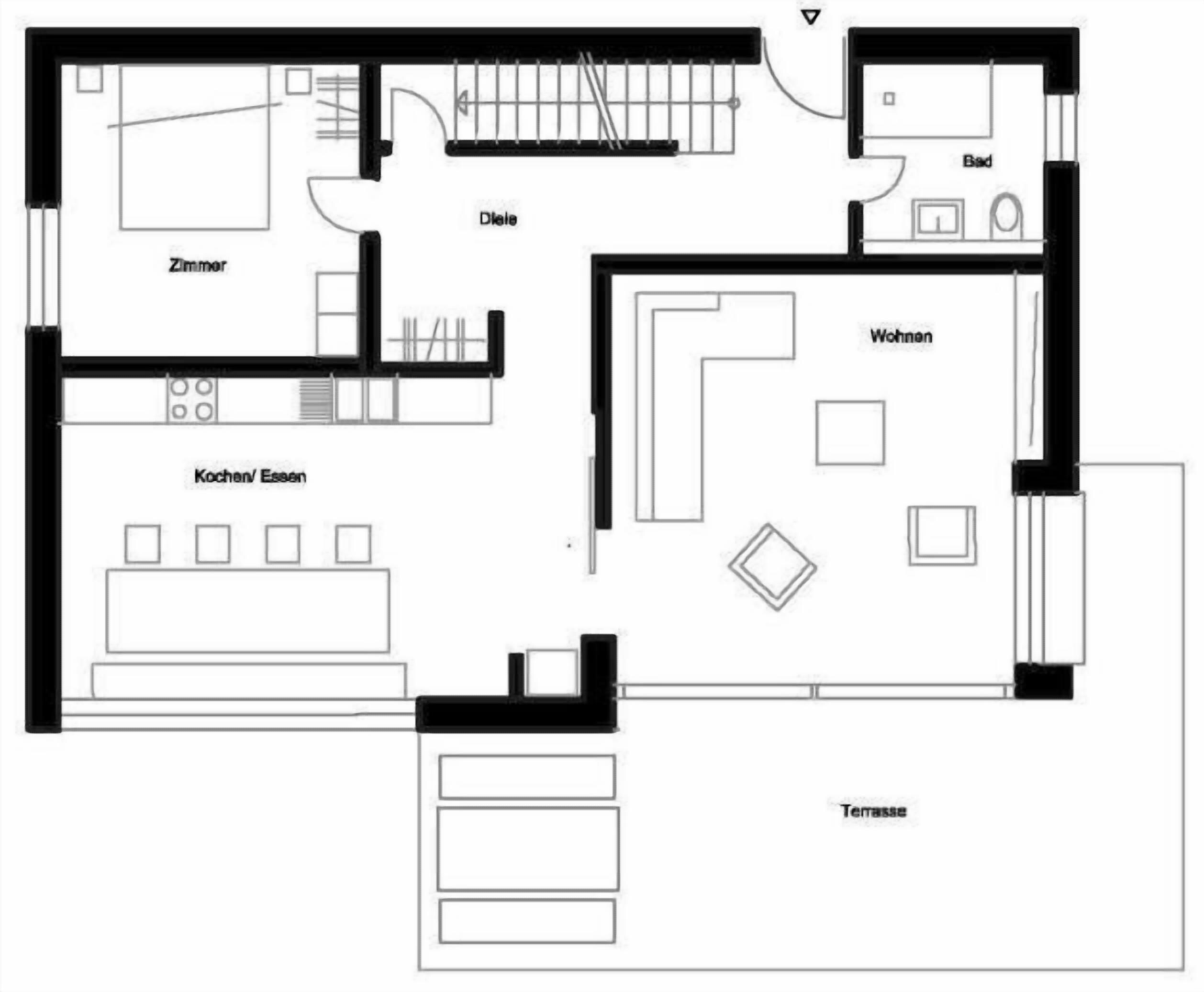 Ein Grundriss mit Küche, Essbereich, Wohnzimmer und Bad.