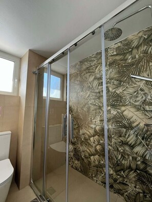 Combined shower/tub, hair dryer, towels, soap