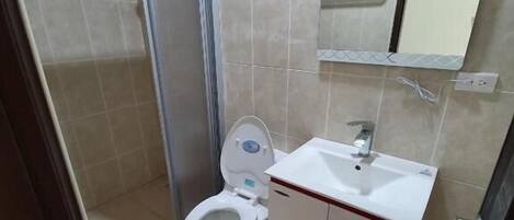 Une petite salle de bain avec des toilettes, un lavabo et un miroir.