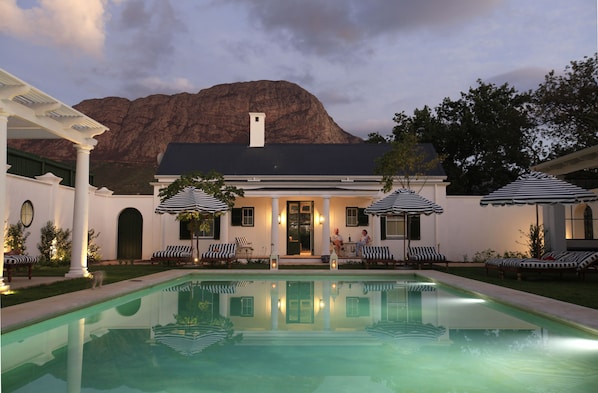 Outdoor pool, pool umbrellas, pool loungers