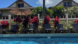 A pool area with lounge chairs and umbrellas, surrounded by a white fence and tropical plants. - Princeville Delight! COLD A/C, Sleeps 4, Pool & Jacuzzi, Private Lanai & Space (Princeville)