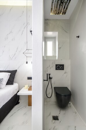 Tina con regadera, secadora de cabello, toallas 