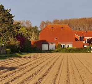 Une grande grange rouge avec une porte blanche et une petite fenêtre, entourée d’un champ et d’arbres.