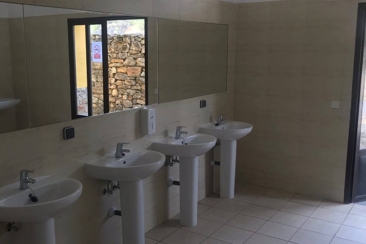 A bathroom with four sinks, a large mirror, and two windows.
