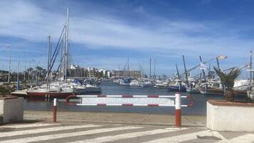 Marina con barcos amarrados, una barrera de acceso y edificios al fondo.