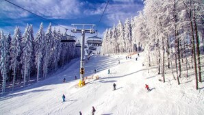 A ski slope with a ski lift, trees, and skiers. - Apartment by Table Verte Lift (Les allues)