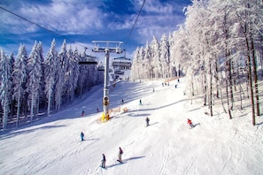 A ski slope with a ski lift, trees, and skiers. - Apartment by Table Verte Lift (Les allues)