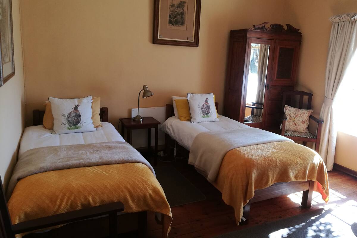 Quarto com duas camas de solteiro, uma cadeira de madeira, uma mesa pequena com abajur e um quadro na parede.