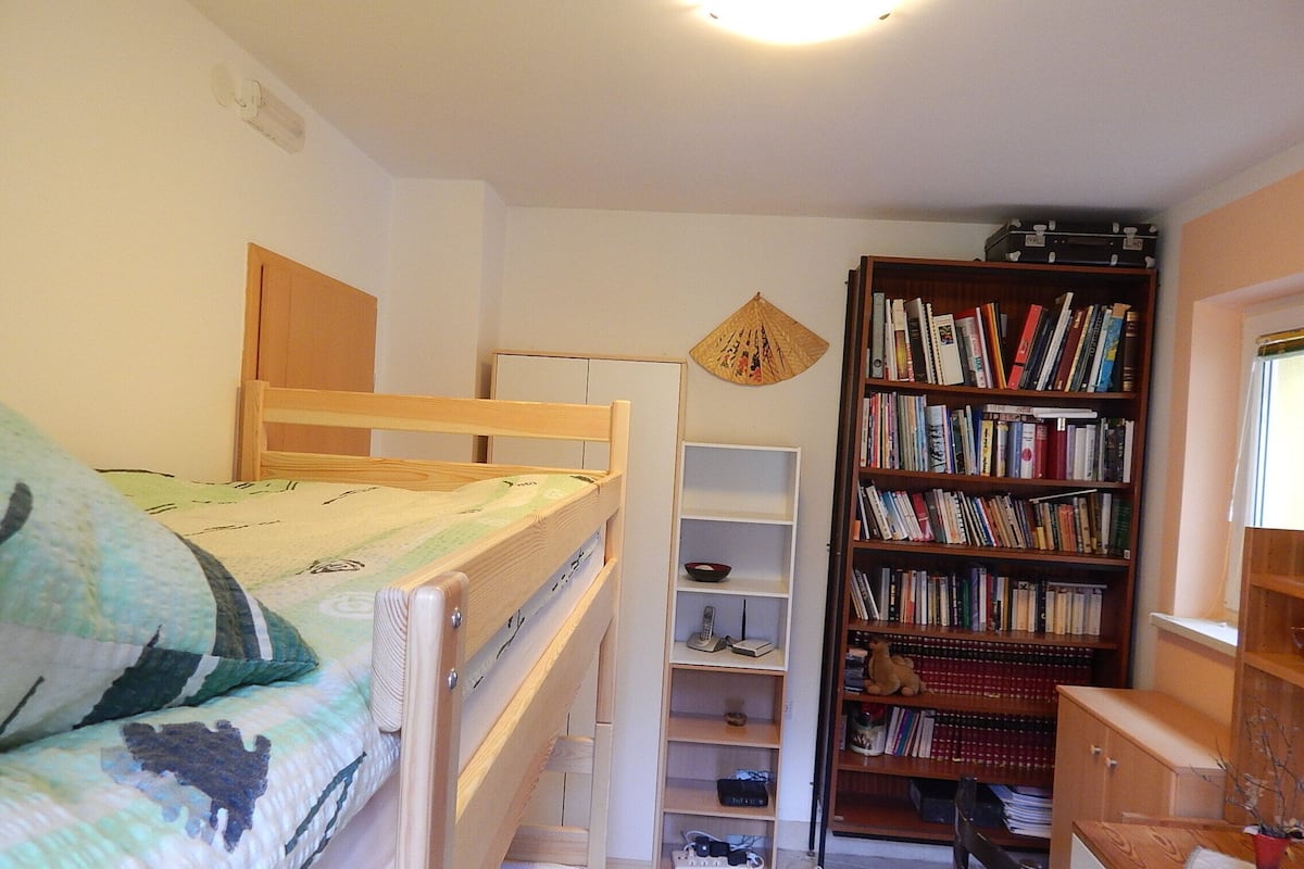 Een slaapkamer met een stapelbed, een boekenkast en een bureau.