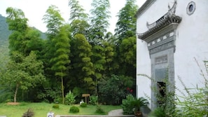 A traditional building with a tiled roof and a garden with various plants and a small pond.