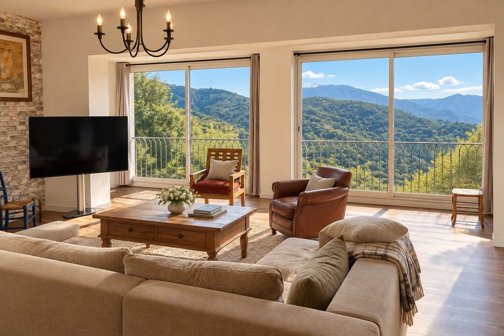 A spacious living room with a large sofa, a coffee table, and a television. There are two windows offering a view of a mountainous landscape.
