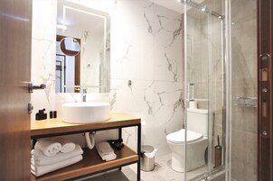 Designer toiletries, hair dryer, towels