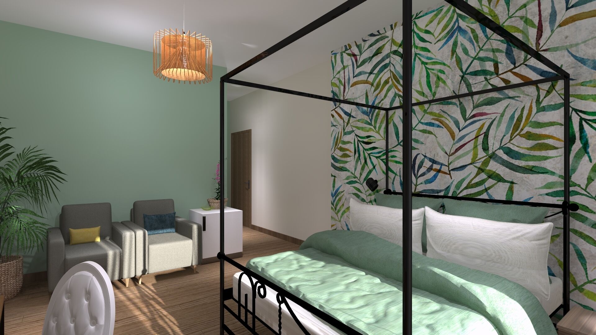 A modern bedroom with a four-poster bed, a sitting area with two chairs, a small table, and a hanging light fixture.