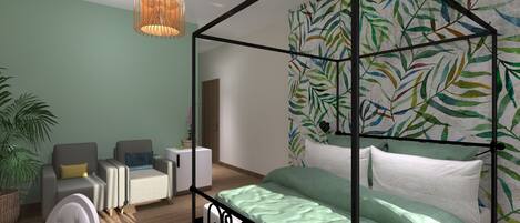 Un dormitorio moderno con una cama con dosel, una zona de estar con dos sillones, una mesita y una lámpara colgante.