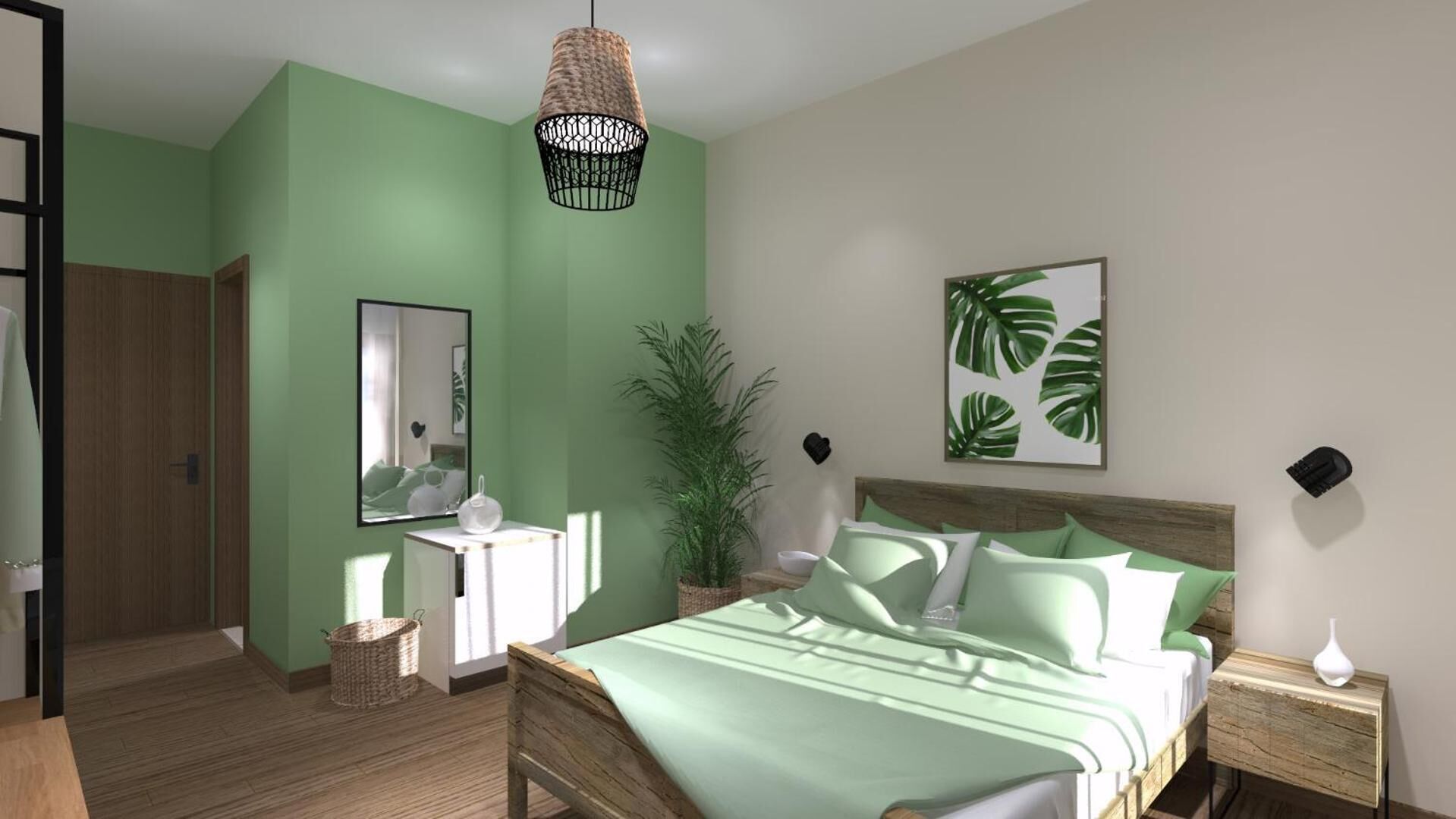Un dormitorio con cama, mesitas de noche, un espejo, una lámpara colgante, una planta en maceta y una obra de arte en la pared.