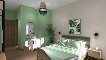 Un dormitorio con cama, mesitas de noche, un espejo, una lámpara colgante, una planta en maceta y una obra de arte en la pared.