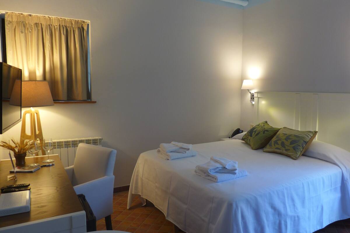 Une chambre d’hôtel comprenant un lit, deux tables de chevet, un bureau avec une chaise, une lampe et une fenêtre avec des rideaux.