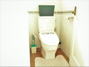 Un baño pequeño con un inodoro, una alfombra verde y un tapete blanco.