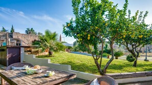A patio with a wooden table, wicker chairs, and a small garden with a lemon tree. - Finca Alcudia Sa Vinya Vella near beach with pool (Alcúdia)