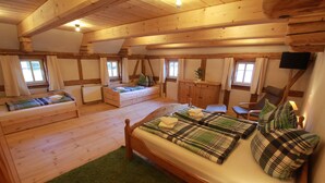 Eine Holzhütte mit Schlafkoje, Schlafsofa, kleinem Tisch und Stuhl.