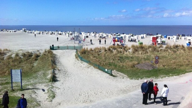 A beach with people walking and standing, a sandy path, and a sign. - Holiday house "Nordsee Pur" (Halbemond)