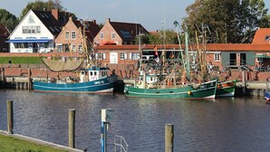 A harbor with boats docked, buildings with red roofs, and a grassy area in the foreground. - Holiday house "Nordsee Pur" (Halbemond)