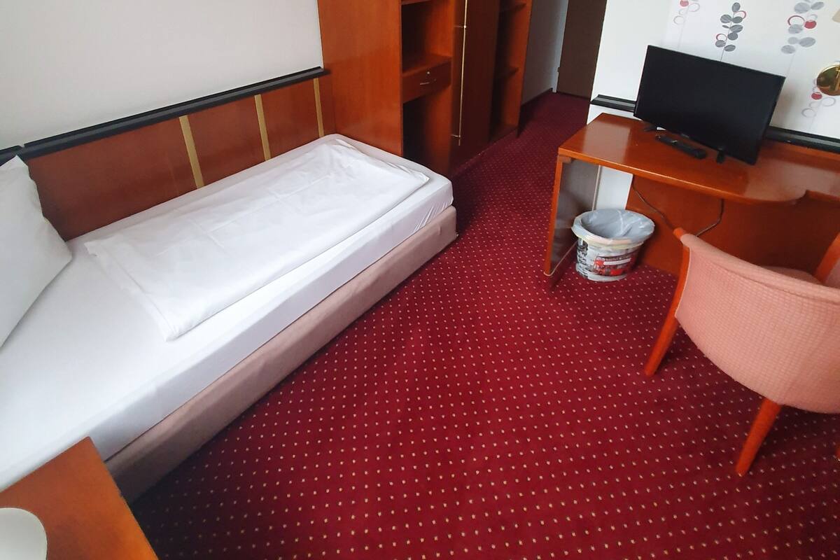 A hotel room with a single bed, a wooden wardrobe, a desk with a television, a chair, and a red carpeted floor.