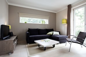 Flat-screen TV, fireplace