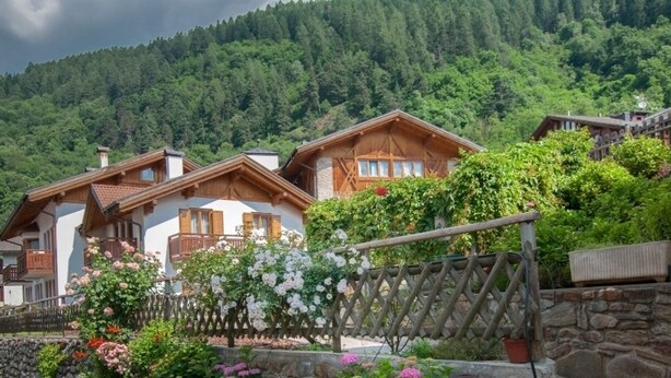 A row of traditional wooden houses with stone walls, surrounded by lush greenery and a forested mountain backdrop. - Apartment in the heart of Valle di Sole (Mezzana-Marilleva)