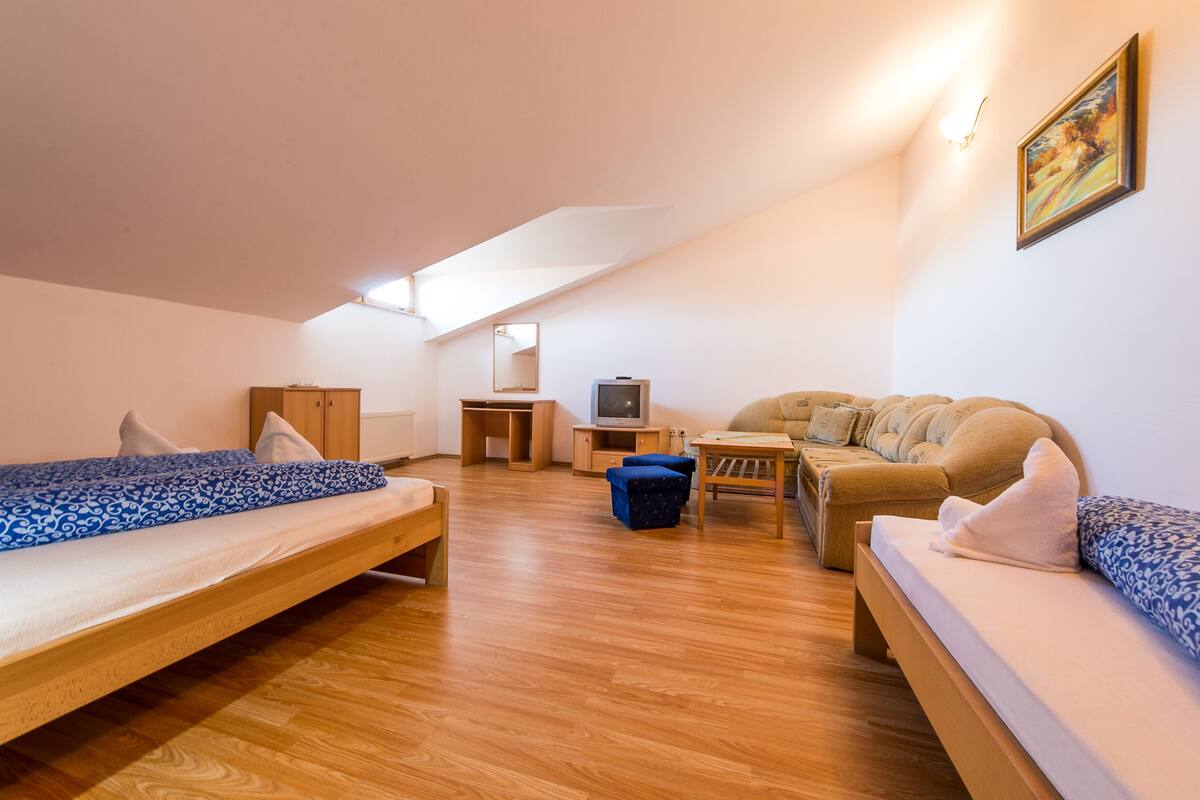 Quarto em dormit ório com duas camas, uma escrivaninha, uma televisão e um sofá.