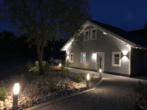 Une maison avec une façade bien éclairée, une allée et un arbre.
